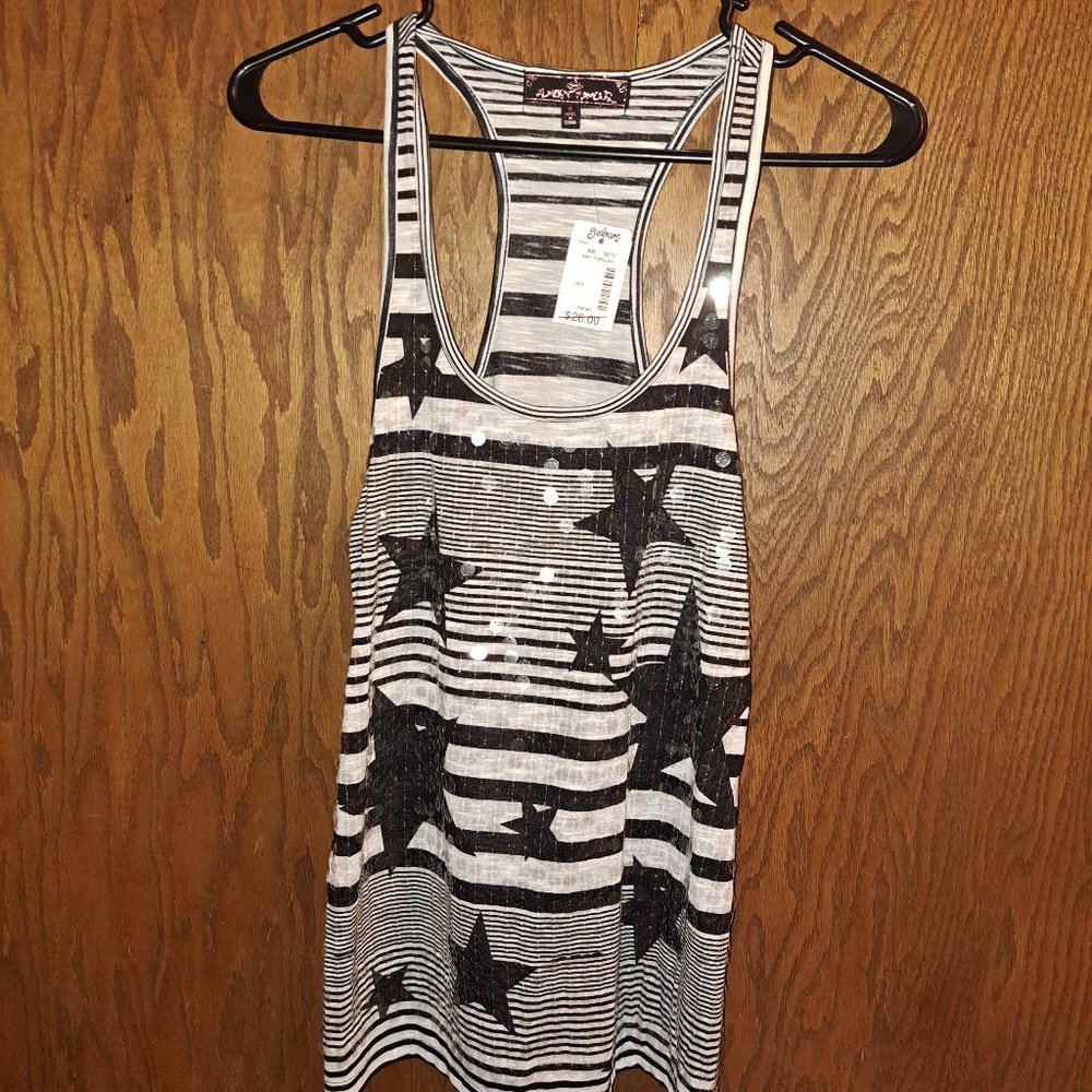 Almost Famous Horizontal Black and White Striped Sequin Stars Tank size Small Nw